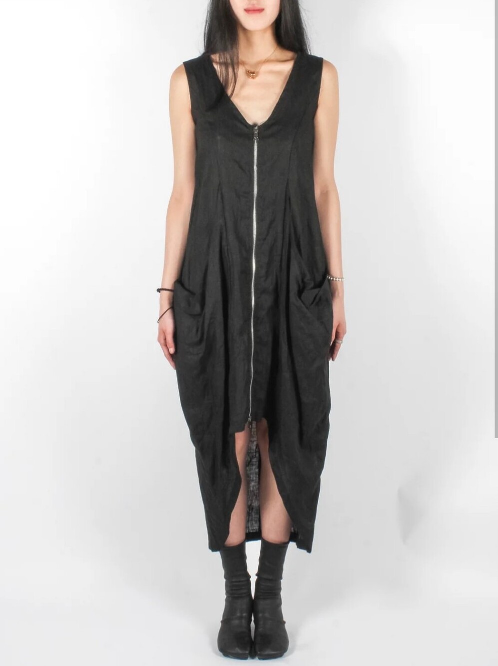 Michael Kors 100% Silk Full Zip Dress Dark Gray V-Neck Sleeveless Size 0 Grunge